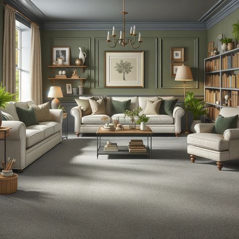 gray carpet and olive green walls Brown Living Room Color Schemes, Olive Green Rooms, Olive Living Rooms, Colours That Go With Grey, Warm Grey Walls, Green Walls Living Room, Dark Green Living Room, Gray Carpet, Green Living Room Decor