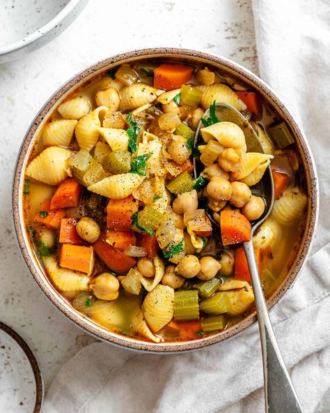 This Vegan Chickpea Noodle Soup is incredibly hearty and so delicious! It's packed with plant protein and goodness and so simple to make too. Make this Vegan Chickpea Noodle Soup for dinner this week. Chickpea Noodles, Recipes Chickpeas, Chickpea Noodle Soup, Chickpea Noodle, Vegan Noodle Soup, Vegan Chicken Noodle Soup, Vegetable Noodle Soup, Soup For Dinner, Vegan Crockpot Recipes