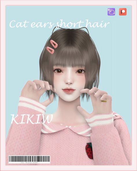 [KIKIW]Cat ears short hair | KIKIW on Patreon Sims 4 Anime, Sims Hair, Ear Hair, Sims4 Cc, Fluffy Hair, Sims Mods, Gaming Clothes, Sims 4 Cc, Sims 4 Custom Content