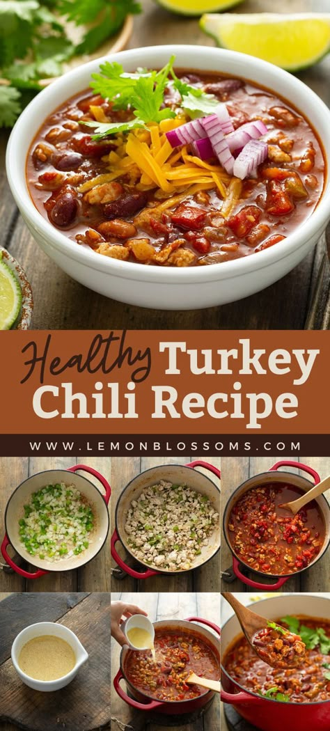 This healthy and hearty Turkey Chili combines lean ground turkey, a simple blend of chili spices and the convenience of canned chili beans to create an easy, crowd-pleasing, family-friendly meal that tastes as if it has been simmering for hours. #lemonblossoms #chili #turkeychili Canned Turkey, Easy Turkey Chili, Leftover Ideas, Turkey Chili Recipe, Leftover Thanksgiving, Turkey Leftovers, Thanksgiving Leftover, Sauce Spaghetti, Leftover Recipes