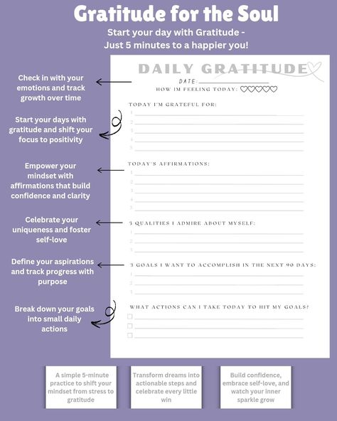 ✨ What if 5 minutes a day could change your life? ✨ This isn’t just a journal—it’s a tool to shift your mindset, boost your confidence, and turn big dreams into actionable goals. With simple daily prompts, you’ll: ➡️ Celebrate what you’re grateful for ➡️ Empower your mindset with affirmations ➡️ Define goals and track your progress Let’s be real—life can get overwhelming. But this small, daily habit can create BIG, positive changes. Ready to start your journey to more joy, clarity, and con... Crush Goals, Daily Prompts, Gratitude Prompts, Positive Notes, Build Confidence, Daily Gratitude, Focus On Your Goals, Positive Discipline, Gratitude Quotes