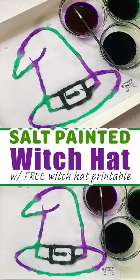 Salt Painted Witch Hat Craft for Kids - Happy Toddler Playtime Witches Preschool Activities, Halloween Salt Painting, Witch Activities For Toddlers, How To Catch A Witch Activities, Witch Hat Craft, Prek Crafts, Salt Painting, Halloween Sensory, October Crafts