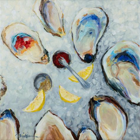 Oyster Decor, Oyster Painting, Artwork Kitchen, Oyster Art, Art Dining Room, Food Artwork, Dinner Party Table, Wedding Art, Kitchen Art