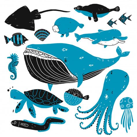 Set of deep sea creatures sketches. Prem... | Premium Vector #Freepik #vector #water #texture #hand #nature Deep Water Animals, Flat Design Poster, Cool Sea Creatures, Water Texture, Sea Illustration, Star Illustration, Deep Sea Creatures, Cute Cartoon Characters, Abstract Tree