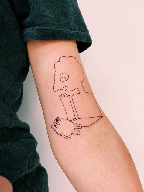 Minimalist tattoo design of Prismo and Jake from adventure time. Adventure Time Tattoo, 16 Tattoo, Funky Tattoos, Full Arm Tattoos, Cartoon Tattoos, Time Tattoos, Dream Tattoos, Tattoo Trends, Little Tattoos