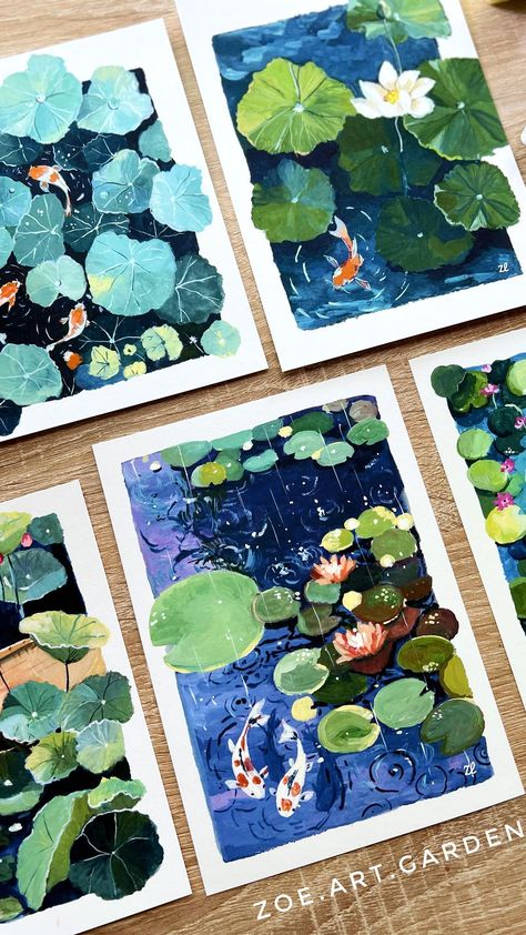 Koi Fish Art, The Garden Of Words, Lotus Painting, Posca Art, Lotus Pond, Gouache Art, Postcard Art, Postcard Printing, Arte Sketchbook