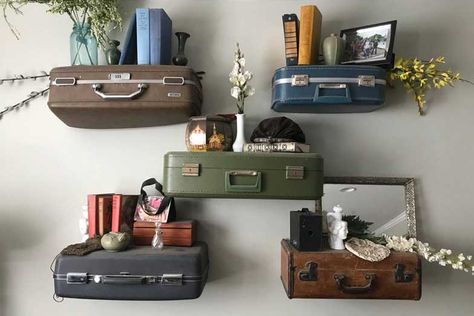 27+ TASTEFUL Travel Decor Ideas for Bedroom 2023 Suitcase Display, Suitcase Shelves, Suitcase Decor, Travel Room, Travel Wall Decor, Vintage Suitcases, Vintage Suitcase, Plywood Furniture, Kelly Wearstler