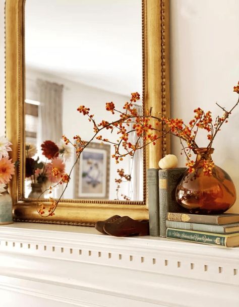 15 Fall Mantel Ideas: Easy, Simple, And Cozy Decor Simple Fall Mantle, Autumn Mantle, Decorating A Mantel, Old Window Panes, Fall Fireplace Decor, Fall Mantle Decor, Fall Fireplace, Halloween Mantel, Mantle Ideas