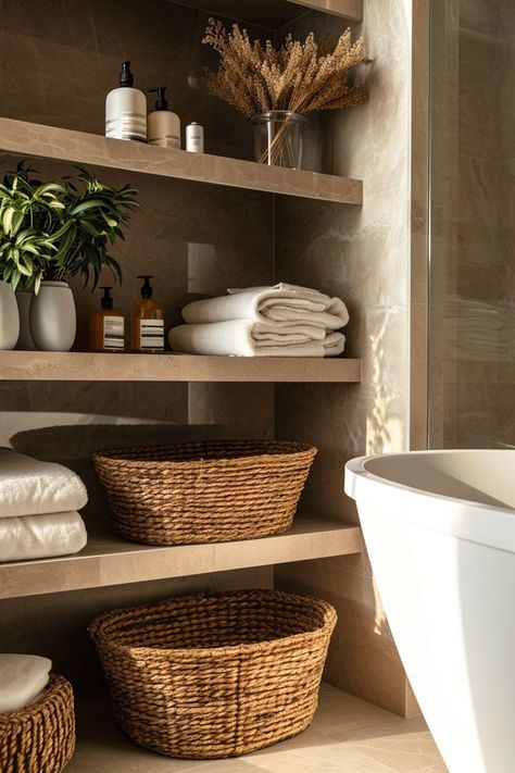 Different Aesthetics Decor, Bathroom Decor Spa Inspiration, Storage Next To Toilet, Bathroom Aesthetic Decor, Boutique Bathroom Ideas, Aesthetic Bathroom Organization, Cleaning House Aesthetic, Small Bathroom Ideas Wallpaper, Clean Bathroom Aesthetic