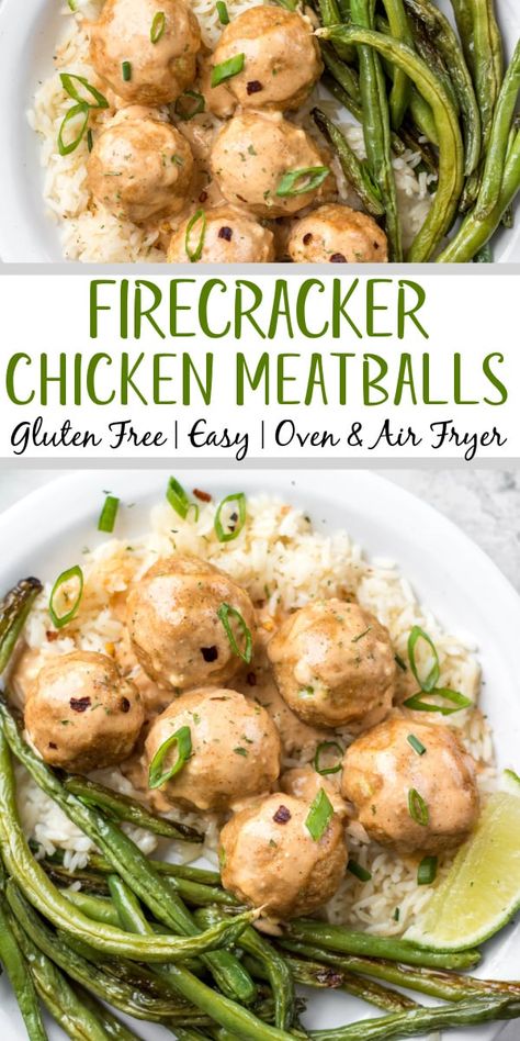 These easy firecracker meatballs are a quick family friendly recipe to prepare for a weeknight dinner. They make a great meal prep recipe and have both oven and air fryer instructions. Done in under 20 minutes, made with ground chicken and a sweet but spicy firecracker sauce, these meatballs will be on your meal plan again and again! Plus they are gluten-free, low carb and can easily be made dairy-free! #firecrackermeatballs #chickenmeatballs Turkey Meatball Recipes Gluten Free, Healthy Family Dinners Gluten Free, Ground Turkey Recipes No Dairy, Healthy Dairy Free Recipes Lunch, Macro Meatballs, Macro Friendly Meatball Recipes, Macro Friendly Meatballs, Family Friendly Macro Meals, Gut Friendly Dinner Recipes