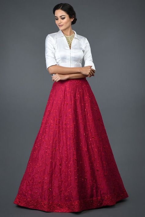 Product Zoom Long Skirt With Shirt, Skirt And Top Indian, Skirt With Blouse, Hand Embroidered Skirt, Red Skirt Outfits, Indian Skirts, Long Skirt Top Designs, Long Skirt And Top, Indian Skirt