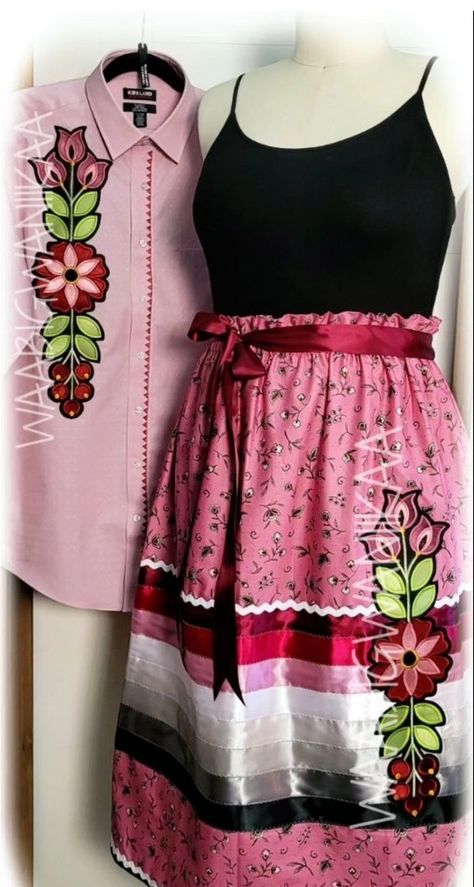 Matching Ribbon Skirt And Shirt, Ribbon Skirt Outfit, Ribbon Skirts Ideas, Ribbon Skirts Native American, Jingle Dress Regalia, Ribbon Skirt Ideas, Navajo Dress, Native American Ribbon Work, American Wardrobe