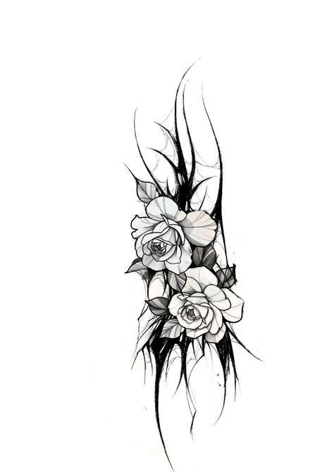 Gothic Medusa Tattoo Design, Gothic Lily Tattoo, Gothic Flowers Drawing, Gothic Filigree Tattoo, Gothic Plant Tattoo, Flower Tattoos Dark, Dark Tattoo Cover Up, Goth Rose Tattoo, Dark Flowers Tattoo