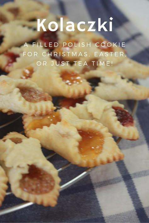 Try authentic Polish kolaczki, filled cookies, perfect for Christmas, or Easter, or any celebration! #polish #cookie #recipe #christmas #easter #fruit Kolaczki Cookies Recipe, Polish Cookies, Kolache Recipe, Easter Fruit, Polish Desserts, Filled Cookies, Breakfast Pastries, Fruit Jam, Breakfast On The Go