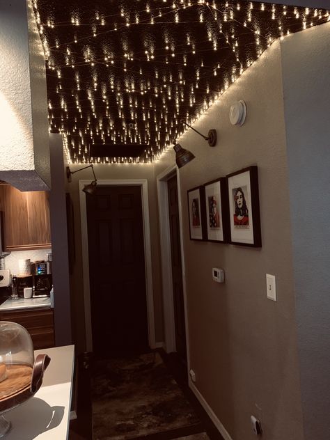 fairy lights on high gloss black ceiling Fairy Light Hallway, Dangly Ceiling Lights, Fairy Lights In Hallway, Hallway Fairy Lights, Fairy Lights Across Ceiling, Fairy Lights Hallway, Kitchen Fairy Lights, Twinkle Lights Ceiling, Fairy Lights Bedroom Ceiling