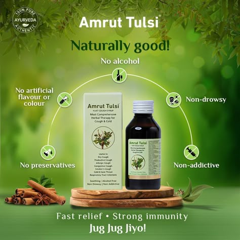 Amrit Tulsi Yukt Cough Syrup is made with 100% pure ingredients and authentic processes, keeping you safe from harmful and undesirable side effects. 
Switch to the most natural way of treating all types of cough and cold.
#Aarogyam #AmrutTulsi #CoughSyrup #cough&cold #cough #cold #Tulsi 
#Ayurveda #herbalremedies #health #wellness #immunity Herbal Product Design, Ayurvedic Products Creative Ads, Product Ingredients Design, Bio Pool, Health Products Design, Herbal Therapy, Ads Creative Advertising Ideas, Social Media Advertising Design, Cold Cough