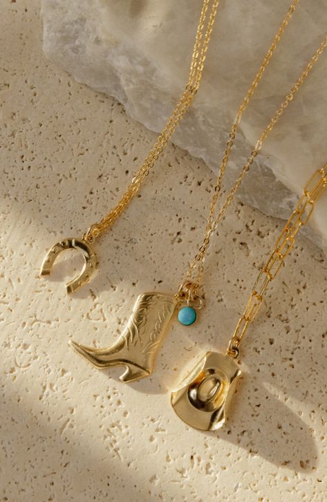 A touch of luck and a hint of gleam, this horseshoe charm necklace will bring at least one of those things to your ensemble. 16" length 14k-gold fill Made in the USA Cowgirl Necklaces, Country Jewelry, Western Necklaces, Turquoise Charm, Horseshoe Pendant, Horseshoe Necklace, Cowgirl Aesthetic, Western Jewelry, Genuine Turquoise