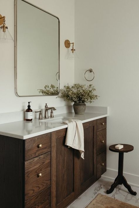 European Farmhouse Master Bath, Small Bathroom Timeless, Moody Jack And Jill Bathroom, Guest Bathroom Ideas Moody, European Farmhouse Bedroom Decor, Styling Bathroom Vanity, European Farmhouse Interior Design, European Inspired Bathroom, European Traditional Interior Design