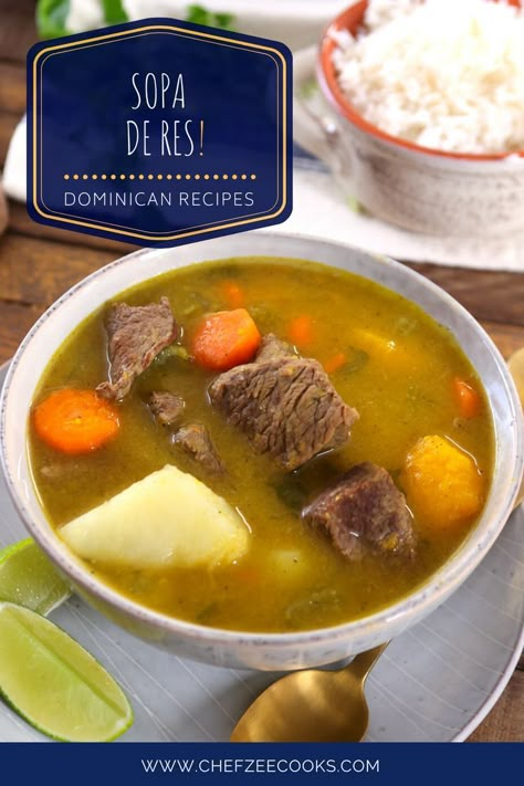 Sopa de Res con Fideos is a Dominican Style Beef Soup with grass-fed beef and hearty vegetables like potatoes, yuca, auyama, carrots and more. This easy soup recipe is very similar to Dominican Sancocho and can be enjoy with perfectly cooked white rice and even tostones! This is the perfect comfort food and winter soup recipe! Dominican Sancocho, Sancocho Recipe, Dominican Style, Easy Homemade Soups, Cooked White Rice, Winter Soup Recipe, Potatoes And Carrots, Beef Soup Recipes, Winter Soup