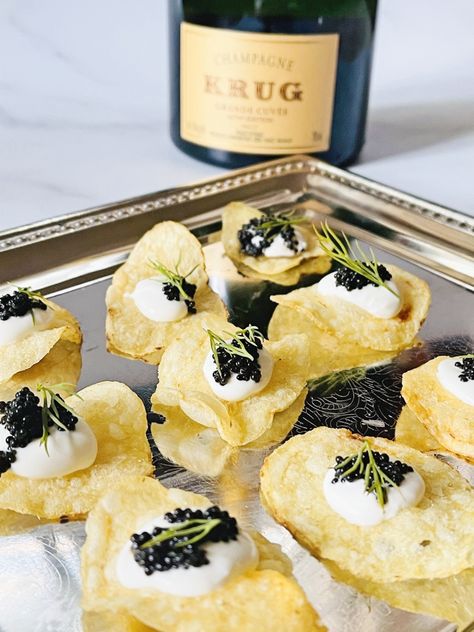 Caviar Potato Chips - There's Always Pizza Clock Strikes Midnight, Gourmet Appetizers, New Years Dinner, Not The Only One, Party Food And Drinks, Food Platters, Potato Chips, Thank God, Aesthetic Food