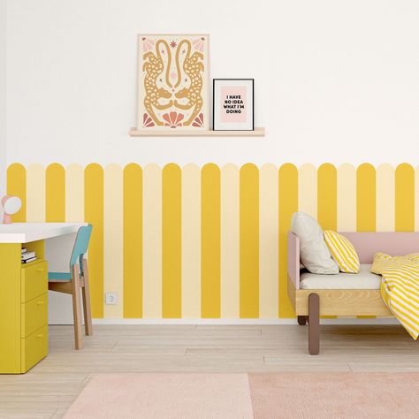 Fun Kids Wallpaper, Playroom Wall Ideas, Colourful Kids Room, Colourful Playroom, Scallop Wallpaper, Wallpaper Kids Room, Half Painted Walls, Nyc Rooms, Wallpaper Kids