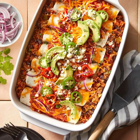 Black Bean and Rice Enchiladas Beef And Bean Enchiladas, Rice Enchiladas, Black Bean And Rice, Vegetarian Enchiladas Recipe, Bean And Rice, Vegetarian Enchiladas, Black Beans And Rice, Bean Enchiladas, Homemade Enchiladas