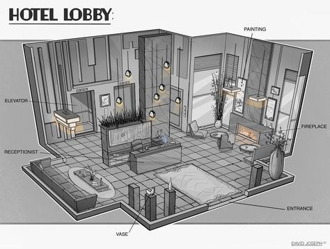 ArtStation - "Hotel Lobby Interior" Hotel Lobby Floor Plan Layout, Apartment Lobby Interior Design, Apartment Lobby Design, Hotel Lobby Floor Plan, Hotel Lobby Reception, Modern Suburban House, Value Drawing, Hotel Floor Plan, Hotel Lobby Design