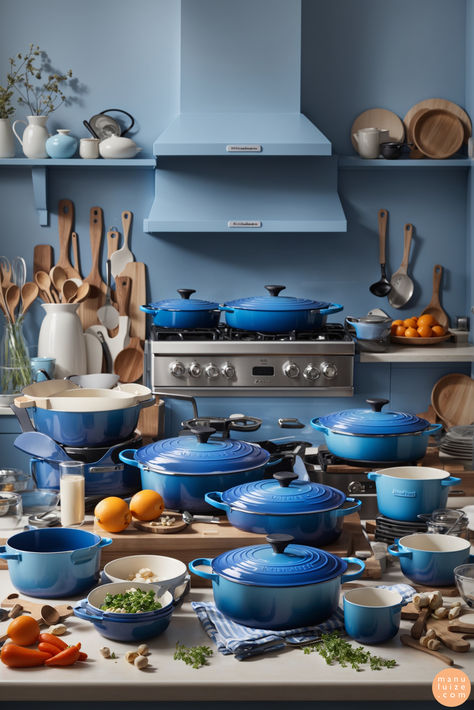 Modern vintage kitchen with blue Le Creuset pan Le Creuset Kitchen Aesthetic, Vintage Le Creuset, Le Creuset Marseille, Blue Aesthetic Style, Le Creuset Aesthetic, Blue Kitchen Aesthetic, Santa Fe Kitchen, Modern Vintage Kitchen, Le Creuset Blue