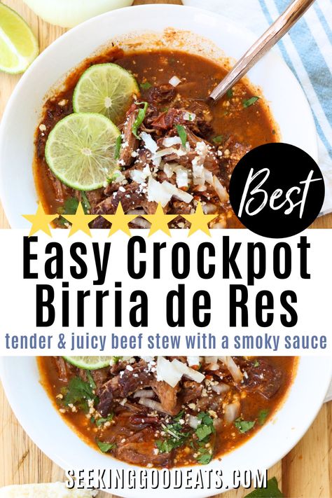 White bowl of beef birria de res in pot juices garnished with chopped onion and cilantro. Birroa Tacos Crockpot, Birra Taco Soup, Beef Birria Crockpot, Birria Pressure Cooker Recipes, Birra Crock Pot, Birria Stew Recipe, Gluten Free Birria Tacos, Beef Birria Recipe Mexican Crockpot, Easy Birria Recipe Mexican Crockpot