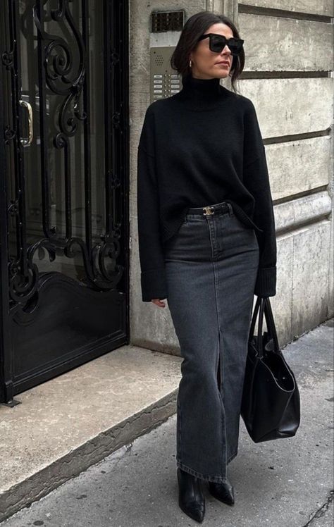 Black Denim Skirt Outfit, Long Denim Skirt Outfit, Black Skirt Outfit, Skirt Outfit Fall, Black Skirt Outfits, Jean Skirt Outfits, Casually Chic, Look Adidas, Mode Hippie