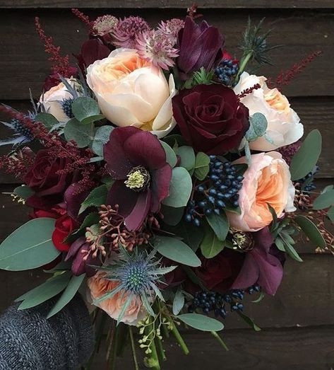 Rich burgundy, green and peach fall floral arrangement on Hello Lovely Bridal Bouquet Peach, Eucalyptus Bouquet, Ren Fest, Fall Decor Inspiration, Deco Floral, Burgundy Wedding, Winter Wedding, Bridal Bouquet, Wedding Inspo