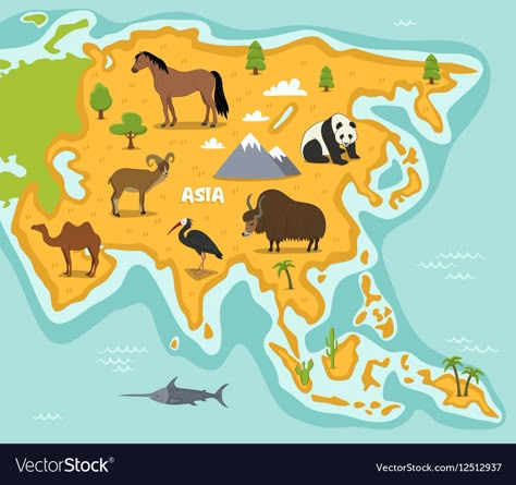 Asian Maps, Continents Activities, Asian Animals, Animals Vector Illustration, Cartoon Map, Asian Continent, Asia Continent, Geography For Kids, Geography Activities