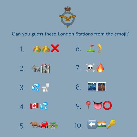 Can you guess these London underground stations from emoji to celebrate #WorldEmojiDay ✨💙 Put your answers in the comments 👇️ #TheRoyalAirForceClub #London World Emoji Day, London Underground Stations, London Underground, The Club, Air Force, London, Canning, Celebrities, 10 Things