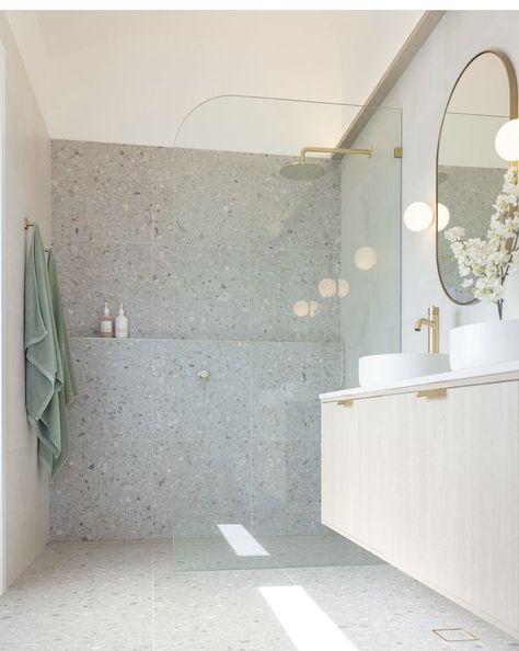 Terrazzo Shower Walls, Terrazzo Bathroom Wall Tiles, Ensuite Bathroom Ideas Terrazzo, Bathroom Terrazzo Floor Tiles, Terrazzo And Blue Bathroom, Biscuit Tile Bathroom, Bath Feature Wall Tile, Shower Feature Tile, Bathroom Tiles Terrazzo