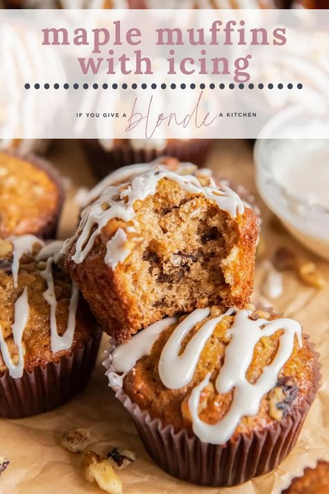 These maple muffins with icing and walnuts are super flavorful! Brown sugar with maple syrup and cinnamon are the perfect trio of seasonal flavors. They also have a unique texture. The oats add a little chewiness while the walnuts add a crunch! It’s so satisfying to eat. Muffins With Icing, Best Muffin Recipe, Maple Muffins, Maple Icing, Best Brunch Recipes, Fall Snacks, Baking Muffins, So Satisfying, Fun Easy Recipes