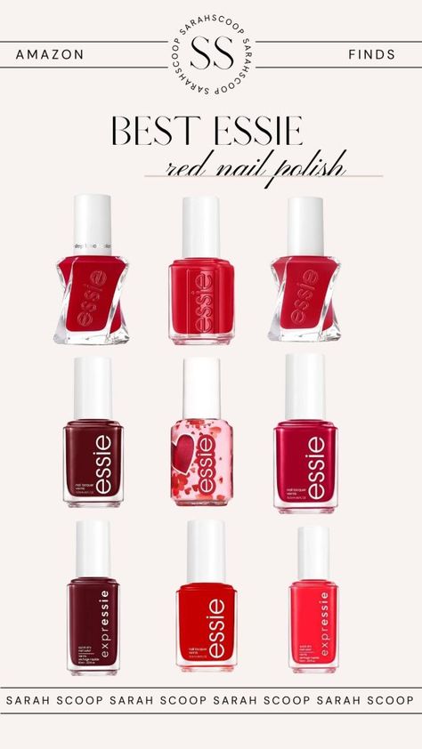 Valentines Red Nails, Essie Red Nail Polish, Red Nail Polish Colors, Dark Red Nail Polish, Nails Essie, Nail Polish Shades, Polish Wedding, Chrome Red, Essie Nail Colors