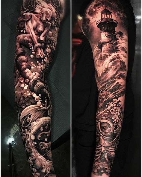 Under The Sea Tattoo Leg Sleeve, Realism Ocean Tattoo, Mens Ocean Tattoo Sleeve, Kraken Sleeve Tattoo, Deep Sea Tattoo Sleeve, Deep Sea Tattoo Ideas, Aquatic Leg Sleeve Tattoo, Ocean Theme Leg Sleeve, Ocean Sleeve Tattoos For Guys