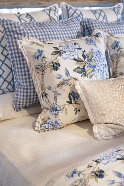 A Spring Fabrics Showcase at Nell Hill's - Nell Hill's Gorgeous Bed, Fawn Colour, Romantic Themes, Spring Fabric, Small Pillows, White Backdrop, Blue Gingham, Green Pattern, World Of Color