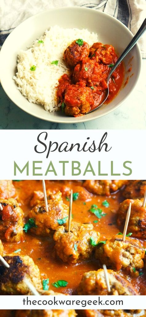 Tapas Meatballs, Meatballs With Tomato Sauce, Garlic Rice Recipes, Meatballs Sauce, Spanish Meatballs, Spanish Dinner, Traditional Spanish Recipes, Spanish Tapas Recipes, White Rice Recipes