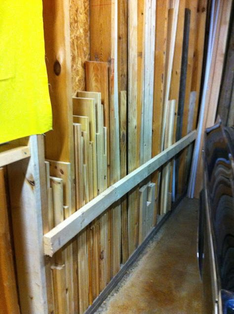 Garage Organization - In Between Studs Storage from Garage Journal Scrap Wood Storage, Shop Building Ideas, Garage Organization Storage, Kids Woodworking Projects, Remodel Garage, Lumber Rack, Fine Woodworking Project, Diy Garage Organization, Garage Update