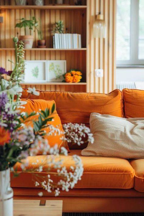 Vibrant Orange Living Room Ideas to Inspire Orange And White Decor, Orange Couch Living Room Ideas, Orange Living Room Ideas, Brown And Green Living Room, Orange Living Room, Orange Couch, Glamorous Furniture, White Couches, Aesthetic Living Room