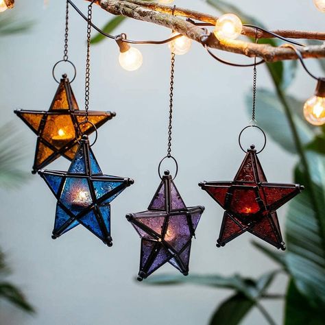 Stained Glass Star, Hanging Candle Lanterns, Design Marocain, Lantern Candle Holder, Star Lantern, Stained Glass Candles, Tea Light Lanterns, Glass Candle Lantern, Star Candle Holder