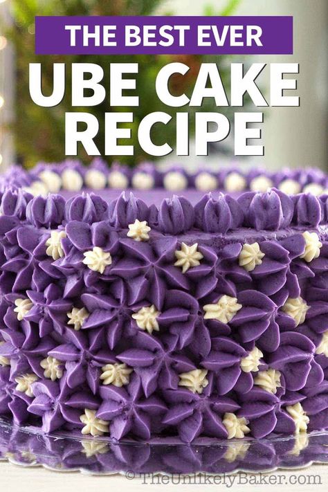 This is the best ube cake recipe. Soft and fluffy ube cake layers frosted with the smoothest, the creamiest ube buttercream. Always a hit in any celebration! And one of the most beloved Filipino dessert. Perfect for Thanksgiving, Christmas, Easter, Mother’s Day, birthdays and all your celebrations. Moist Ube Cake Recipe, Best Ube Cake Recipe, Easy Ube Cake Recipe, Ube Chiffon Cake Recipe, Ube Ensaymada, Yam Cake Recipe, Purple Yam Cake, Purple Yams, Ube Desserts