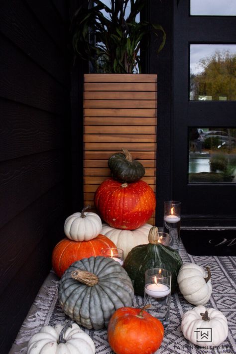 Modern Fall Porch Display - Taryn Whiteaker Fall Porch Display, Heirloom Pumpkins, Fall Porches, Candle Display, Pumpkin Display, Fall Porch Decor, Fashion Tumblr, Earth Tone Colors, Modern Fall