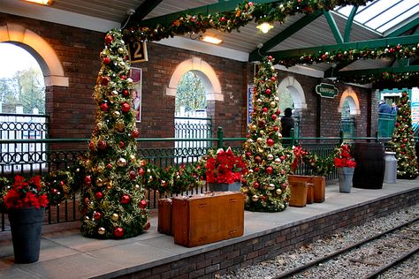 Decorated train station Train Station Decoration, Christmas Tree Train, Alice In Wonderland Decorations, Enchanted Christmas, Cozy Christmas Decor, Days Till Christmas, Christmas Town, Christmas Train, Days Until Christmas