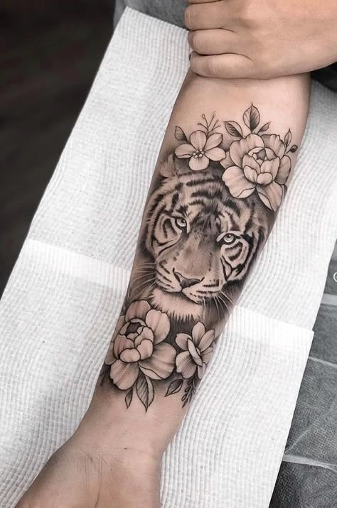 Inside Calf Tattoo Women, Forearm Tattoo Women Tiger, Tiger Rose Tattoo, Big Cat Tattoo Sleeve, Tiger Forearm Tattoo Women, Tiger Calf Tattoo, Tiger Tattoo For Women Arm, Tiger Flower Tattoo Design, Tiger Tattoo With Flowers