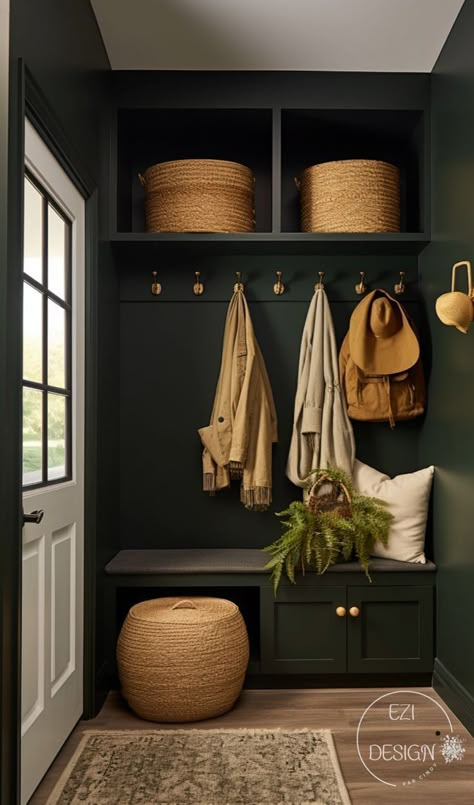 20 Dark Green Mudrooms for a Moody Vibe - Nikki's Plate Mudroom Remodel, Mudroom Makeover, Mudroom Entryway, Mudroom Decor, Casa Country, Mud Room Storage, Mudroom Design, Boot Room, Home Entrance Decor