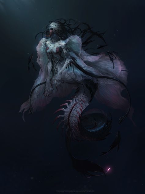 Siren Scary Evil Mermaids, Mer Creature Art, Dark Siren Art, Deep Sea Merfolk, Female Sea Monster, Scary Siren Art, Mermaid Art Fantasy Dark, Creepy Mermaid Art, Siren Art Dark