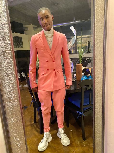 Pink Prom Men, Hot Pink Prom Suits For Men, Pink Suit Men Prom, Pink Suit With White Turtle Neck Men, Pink Formal Suit With Suit Collar, Social Clothes, Prom Suits For Men, Spring Formal, Light Skin Men