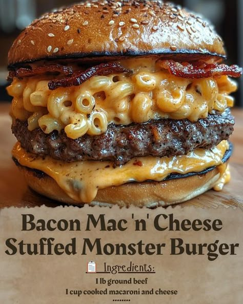 🥓🧀🍔 **Who’s Ready for the Ultimate Burger Indulgence?** Meet the **Bacon Mac 'n' Cheese Stuffed Monster Burger** – a jaw-dropping creation that’s not for the faint-hearted! Imagine this: Juicy, seasoned beef patties with a cheesy secret inside – creamy mac 'n' cheese! 😍 Then, it’s all topped with crispy bacon and sandwiched between two soft buns. This is no ordinary burger… it's a full-on flavor explosion! 💥 **Ready to dive in?** Here’s how you can make this beast in just 30 minutes ⏳: **I... Gormet Burgers, Bacon Burger Recipes, Monster Burger, Mac And Cheese Burger, Hamburger Recipe, Cheese Burgers, Ultimate Burger, Pinterest Food, Best Burger Recipe